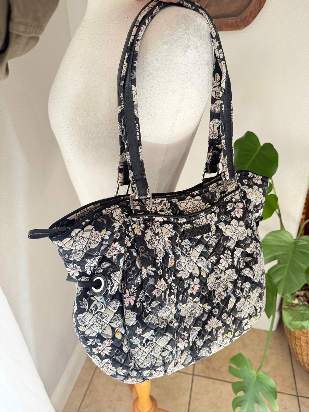 Vera Bradley Black Floral Quilted Shoulder Tote Handbag